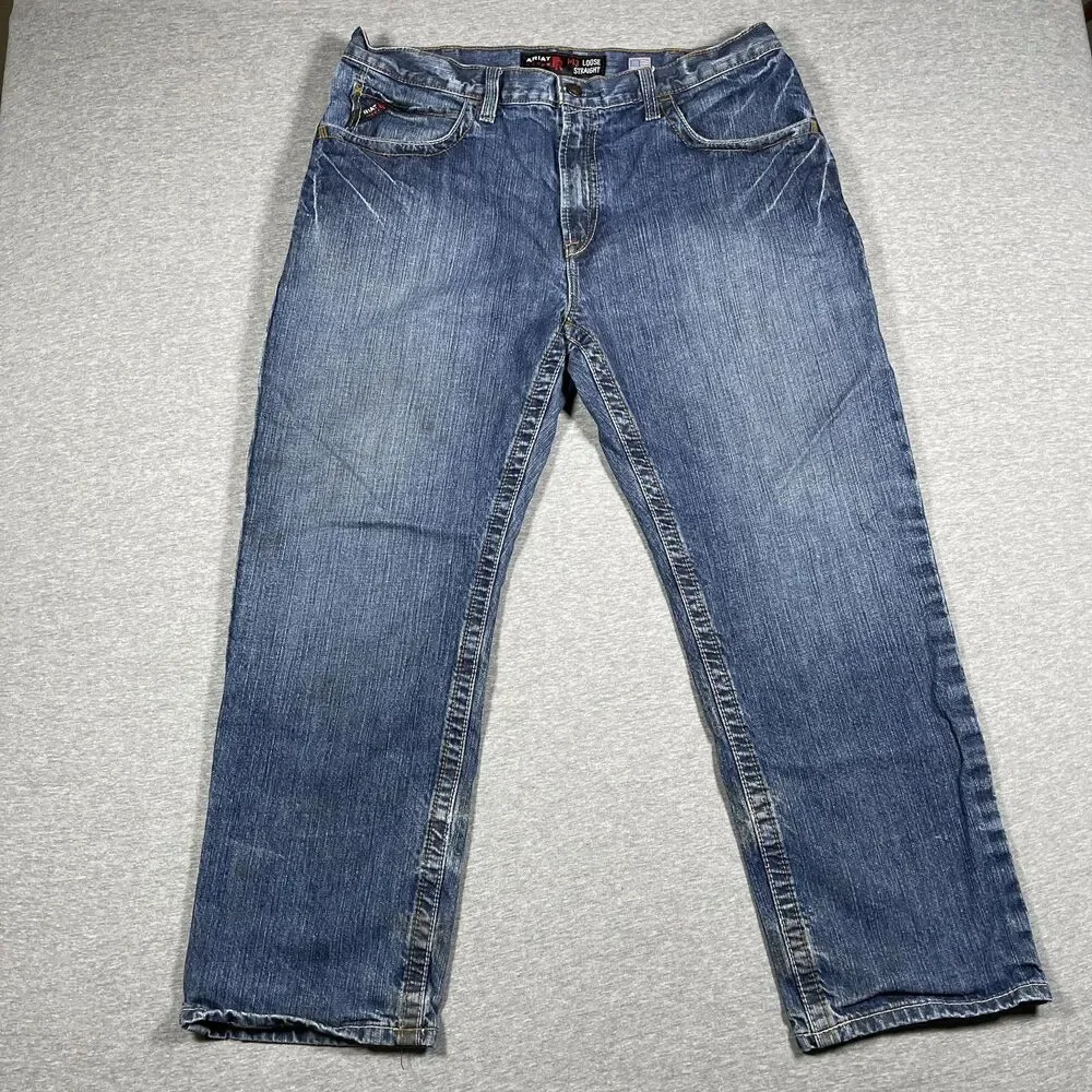 Ariat M3 FR Jeans Mens 38x30 Blue Medium Wash Loose Straight Flame Resistant